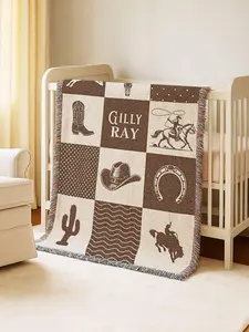 Western Baby Blanket with Name Cowboy Patchwork Woven Quilt Ranch Blanket Boy Western Nursery Crib Blanket Monogram Fringe Throw Longhorne