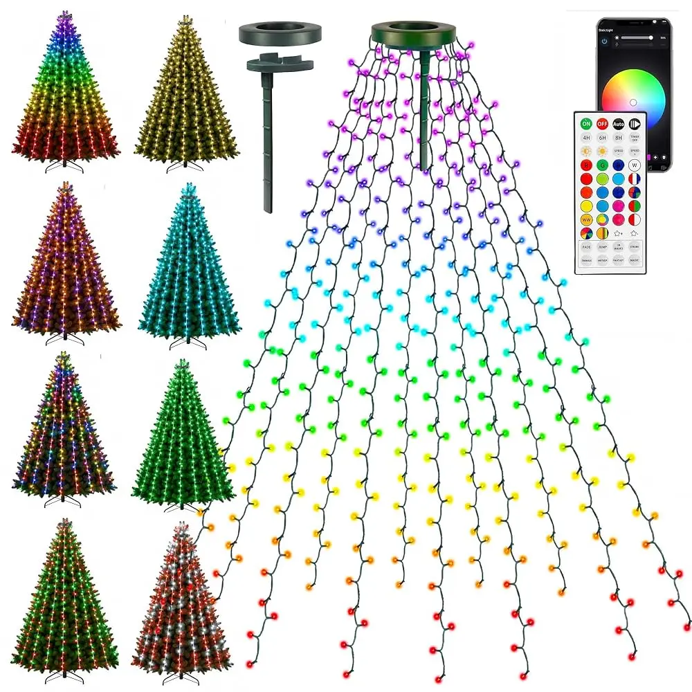 Smart LED Lighted Plastic Christmas Tree Topper - 448 Color-Changing 8.2FT x 16-Line Modern RGB Cascading Lights, Remote & App Control, Festive Glow, Indoor/Outdoor Home Decor Ornament, Decoration