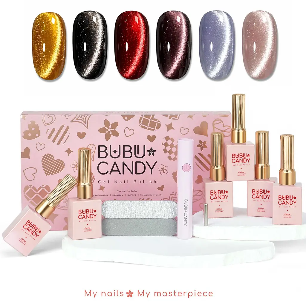 BUBU CANDY Mysterious Cat Cat Eye Gel Nail Polish Set, 6PCS 15ML Magnetic UV Gel with LED Lamp & Magnet, Galaxy Cat Eye Soak Off Gel for Salon-Quality Home DIY Manicure #
