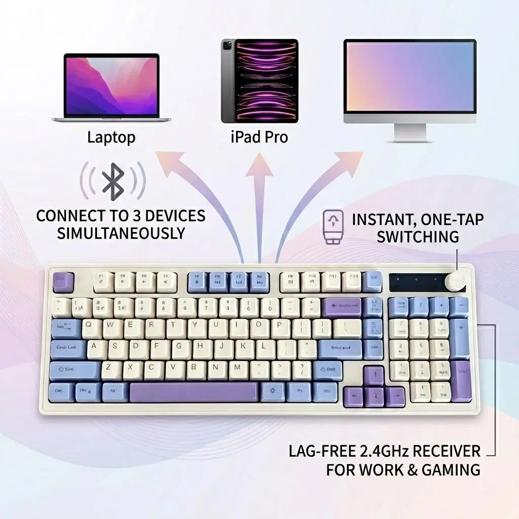 Wireless 98 Keys Gasket Mechanical Keyboard, Bluetooth 2.4G Dual Mode Keyboard with Rotary Knob, Compact Aesthetic Cream Lavender Quiet Linear Keyboard for PC Laptop Office Desk Setup