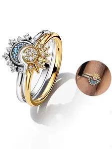 Sparkling Starry Sky Blue Moon Ring and Gold Sun Ring, Gift for Her, Girlfriend, Mother, Friend, Casual Style, All Seasons