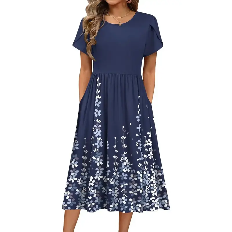 chinese dress ladies ANRABESS Women's Summer Short Sleeve A-Line Midi Dresses Casual Floral  T-Shirt Dresses Flowy Beach Sundress with Pockets Black Small at Amazon  Women's Clothing store main image 0