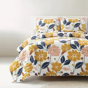 Lush Decor Lucia Abstract Floral Cotton Quilt Set - Floral Design with Yellow and Pink Accents, Includes Pillowcases and Blanket