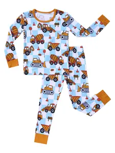 Ellivvibebe Bamboo Moisture-wicking Pajama Sets for Toddler Boys Girls Long Sleeve Temp-Sensing Kids 2pcs Pajamas Sleepwear Spring Summer Fall Winter Soft Breathable Stretchy Pjs with Construction Print