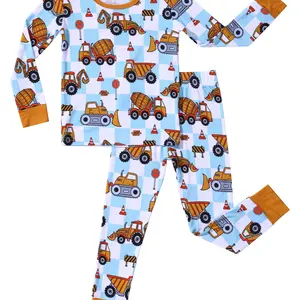 Ellivvibebe Bamboo Moisture-wicking Pajama Sets for Toddler Boys Girls Long Sleeve Temp-Sensing Kids 2pcs Pajamas Sleepwear Spring Summer Fall Winter Soft Breathable Stretchy Pjs with Construction Print