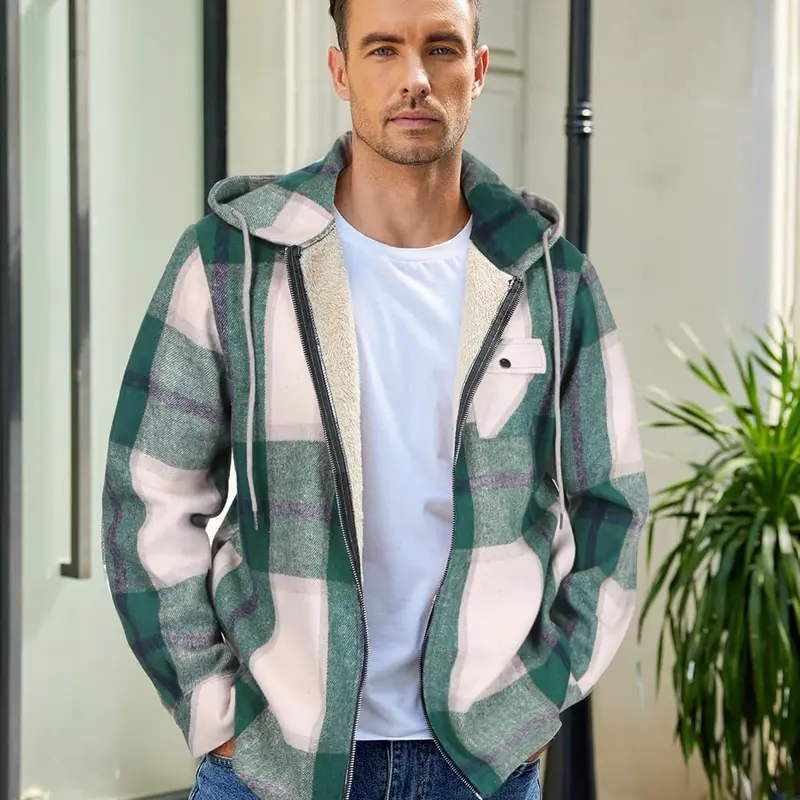 COOFANDY Men's Flannel Jacket Plaid Zip Up Hoodie Sherpa Fleece Lined Jacket Winter Warm Coats with Hood