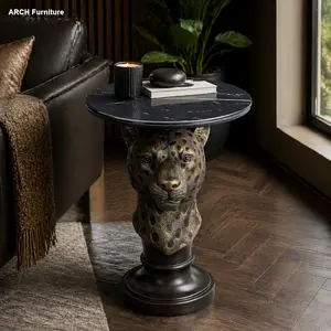 Animal Theme Leopard Head Modern Coffee Table - Lifelike Spotted Resin Base Accent Piece for Living Room Furniture