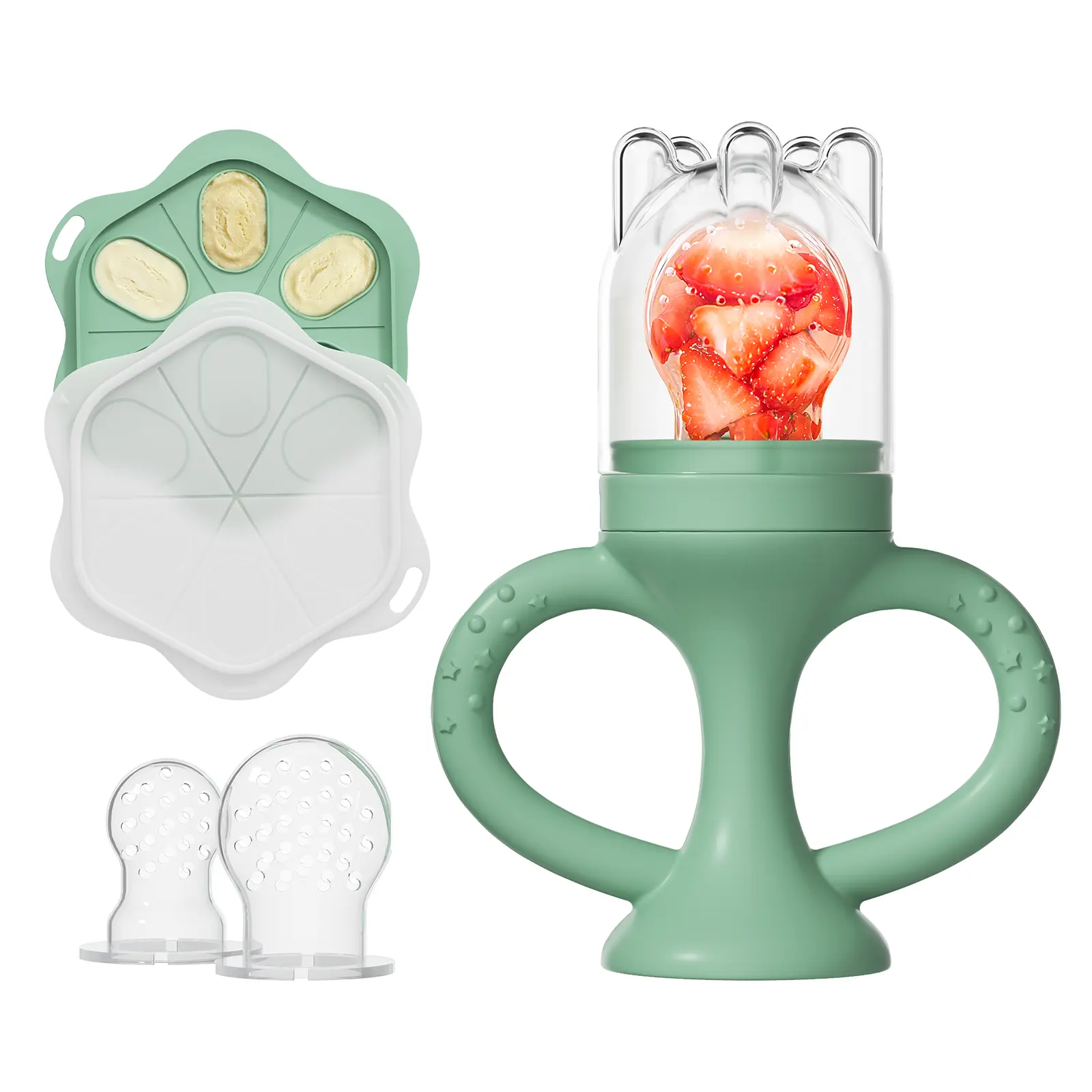 Silicone Baby Feeder Set with Trophy Shape Pacifier for Teething Relief & Self-Feed, Includes 3 Pouches, Dual Handle & 1 Breastmilk Popsicle Mold for Infants