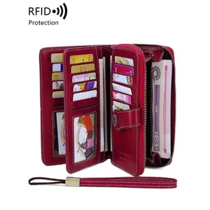 Women's Vintage PU Leather Long Wallet with Wristband & Flower Buckle, RFID Blocking Multi-Card Clutch Purse, Stylish Daily Wallet & Ideal Christmas & Valentine's Day Gift