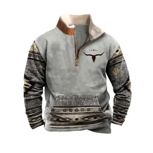 Western Sweatshirts for Men Fashion Cowboy Vintage Graphic Quarter Zip Fleece Hoodie Mens Fall Pullover Country Jacket C Gray Menswear Tops