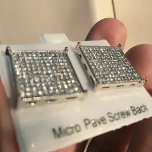Big 20mm Square Earrings Iced Flooded Out CZ Silver Tone Screw Back Micro Pave