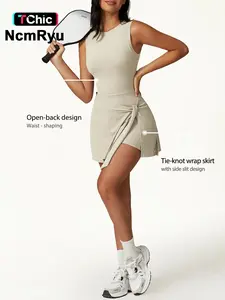 Women's sleeveless plain weave mid stretch flat shoulder beautiful back split strap integrated yoga skirt pants  outdoor sports hiking tennis cycling Pilates Sporty Jumpsuit  summer new comfortable lace up jumpsuit pants Sporty Comfy Jumpsuit