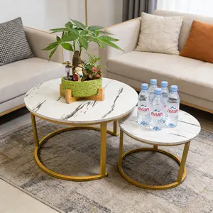 27inch Coffee Table Nesting  Set of  2 Side Set Golden Frame Circular Round and Marble Pattern Wooden Tables, Living Room Bedroom Apartment Modern Industrial Simple Nightstand HXYOYO