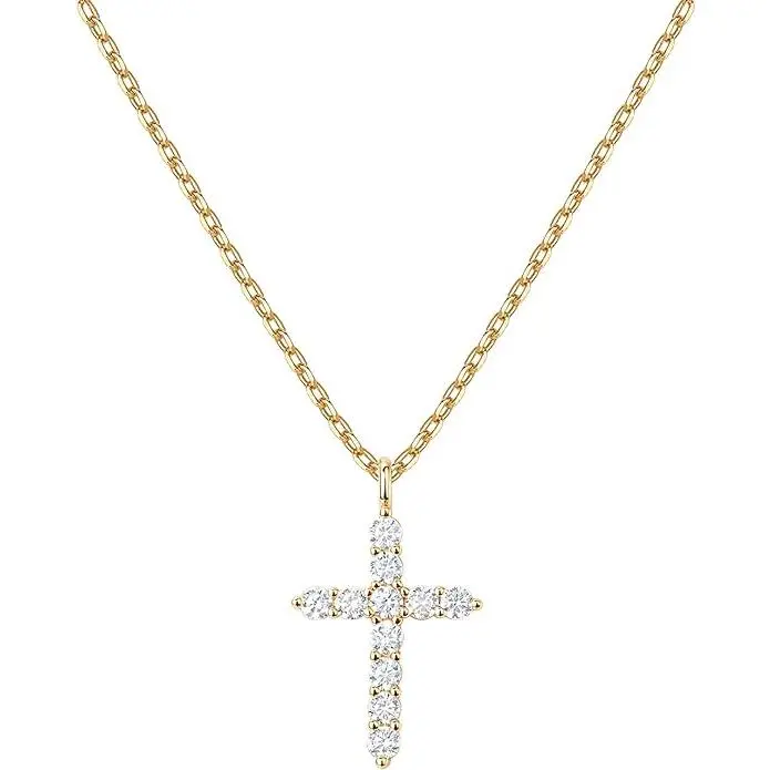 Radiant Faith 14K Gold Plated Cross Pendant Necklace for Women AAAAA Cubic Zirconia Adjustable 19" Chain Hypoallergenic Faith Jewelry