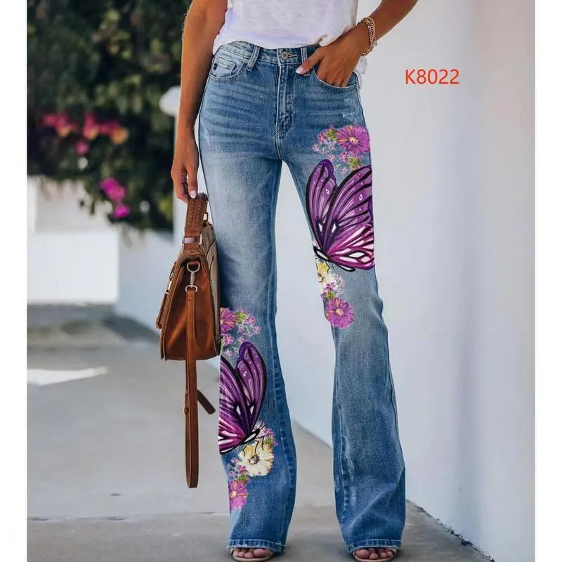 2025 New European and American Large Size Printed Imitation Denim Thin Jeans Women Fashionable Versatile Casual Comfortable 2025 New European and American Large Size Printed Imitation Denim Thin Jeans Women Fashionable Versatile Casual Comfortable
