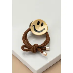 Smiley face hair elastic tie with a grey bead