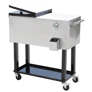 80 QT Rolling Cooling Bins Ice Chest on Wheels Outdoor Stand Up Drink Cooler Cart for Party Silver with Bottle Opener Cap Catcher & Drain Plug