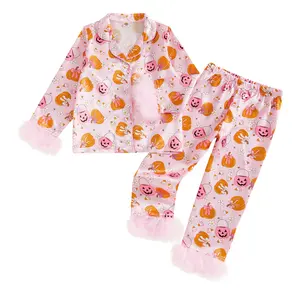 Toddler Baby Girl Halloween Pajamas Fuzzy Trim Pumpkin Long Sleeve Button Down Shirt Top and Pants Pjs Sets Sleepwear 1-6T