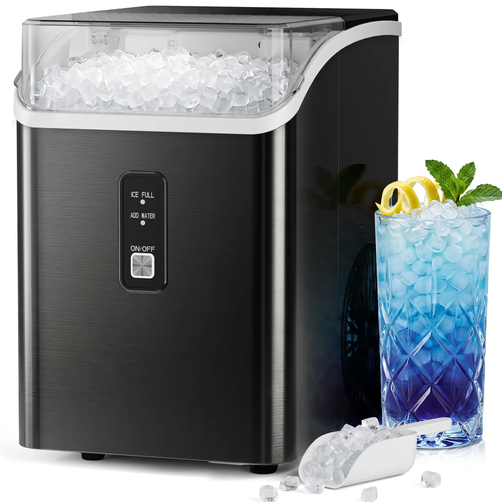Antarctic Star Nugget Ice Maker Countertop, Pebble Ice Makers with Soft Chewable Ice, 35Lbs/24H, Portable Sonic Ice Machine with Ice Scoop & Basket, Self-Cleaning for Home Kitchen Office RV, Black