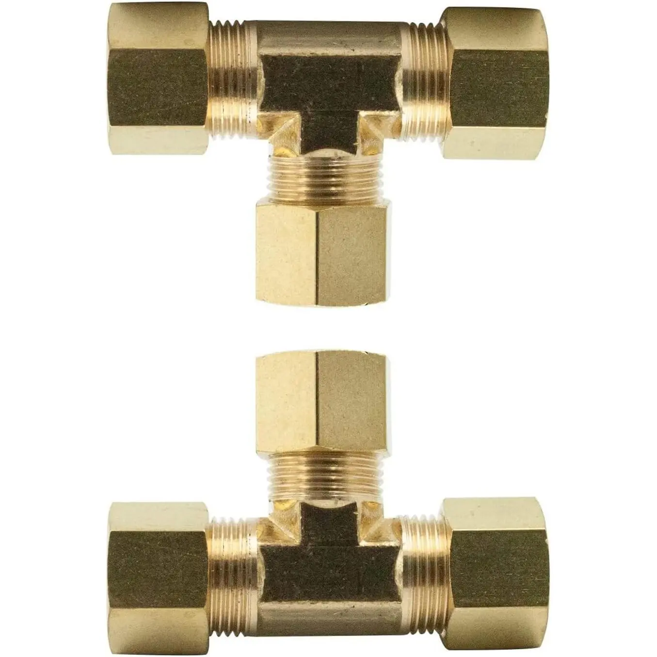 Brass Compression Fitting, Tee Union, 3 Ways Connector, 1/4" Tube OD, Pack of 2
