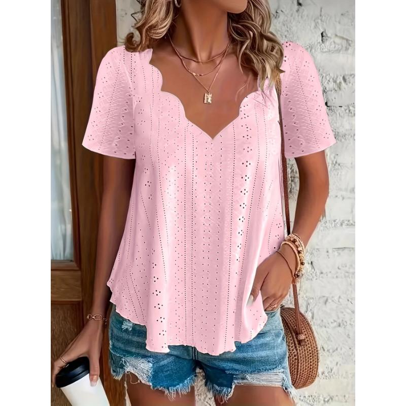 V Neck Plus Size Casual Short Sleeve Eyelet Scallop Trim T-Shirt - Spring & Summer Top For Women  Collar Fabric Elegant White Chic Womenswear Blouse Shortsleeve Vneck Spandex Vibe Knit Fitted Fluorescent Green