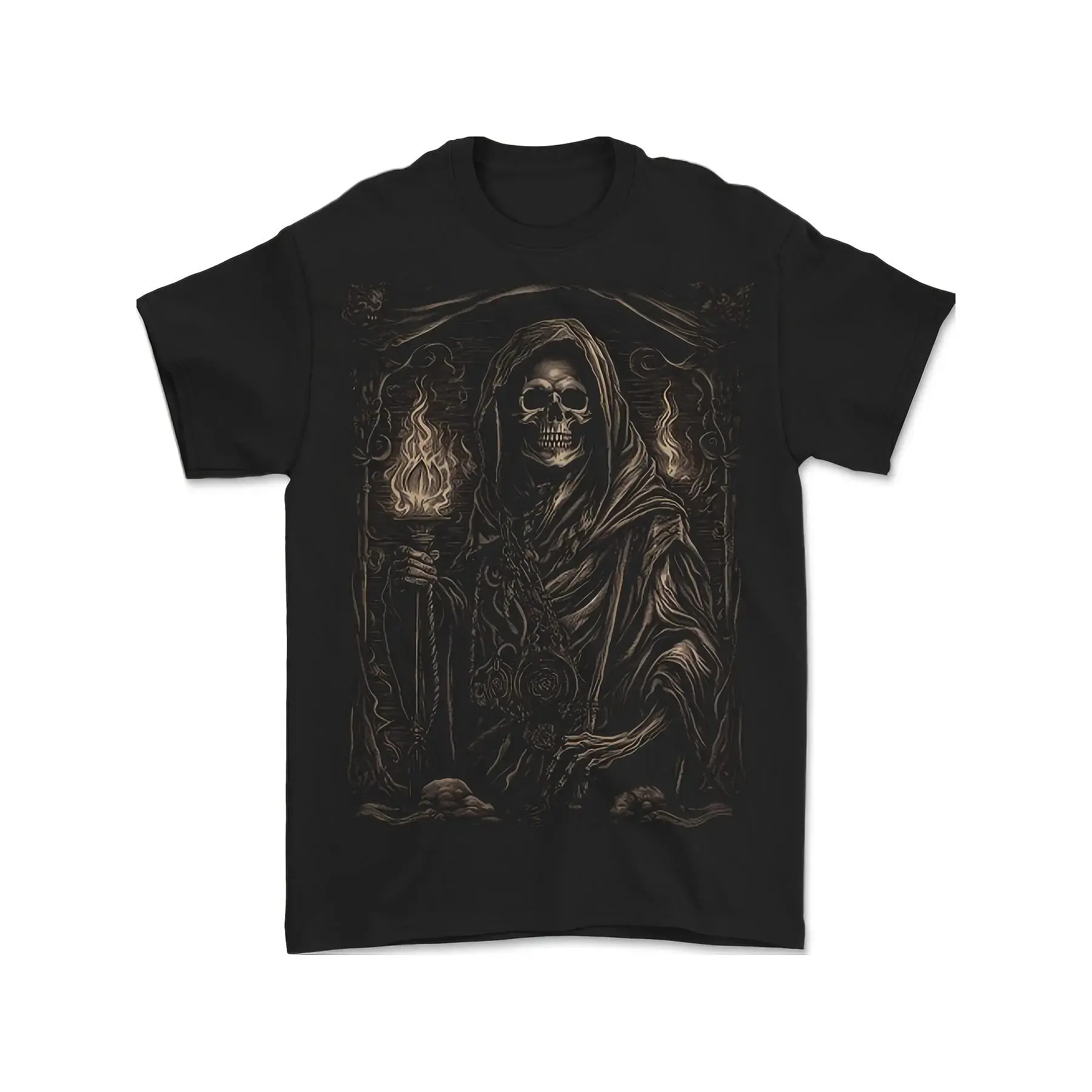 Men's Gothic Grim Reaper Graphic T-Shirt, Short Sleeve Cotton Blend Streetwear Top with a Heavy Metal Style Round Neck, Tee, Gift For Him