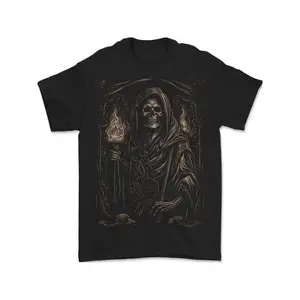 Gothic Grim Reaper skull print T-shirt, short-sleeved, heavy metal style, black gothic print, casual T-shirt suitable for all seasons, a street-style crew neck gift for him.