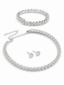 3-Piece Rhinestone Tennis Jewelry Set for Women, Round Stone Necklace, Bracelet and Stud Earrings for Wedding Prom Evening Party.Available in Gold and Silver