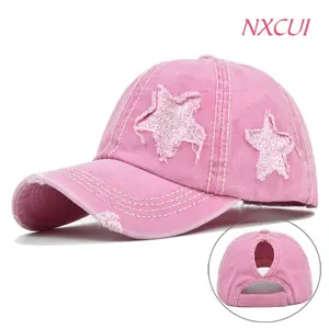 NXCUI Distressed Star Ponytail Baseball Cap, Washed Cotton Adjustable Sun Hat for Women, Vintage Trucker Hat with Glitter Star