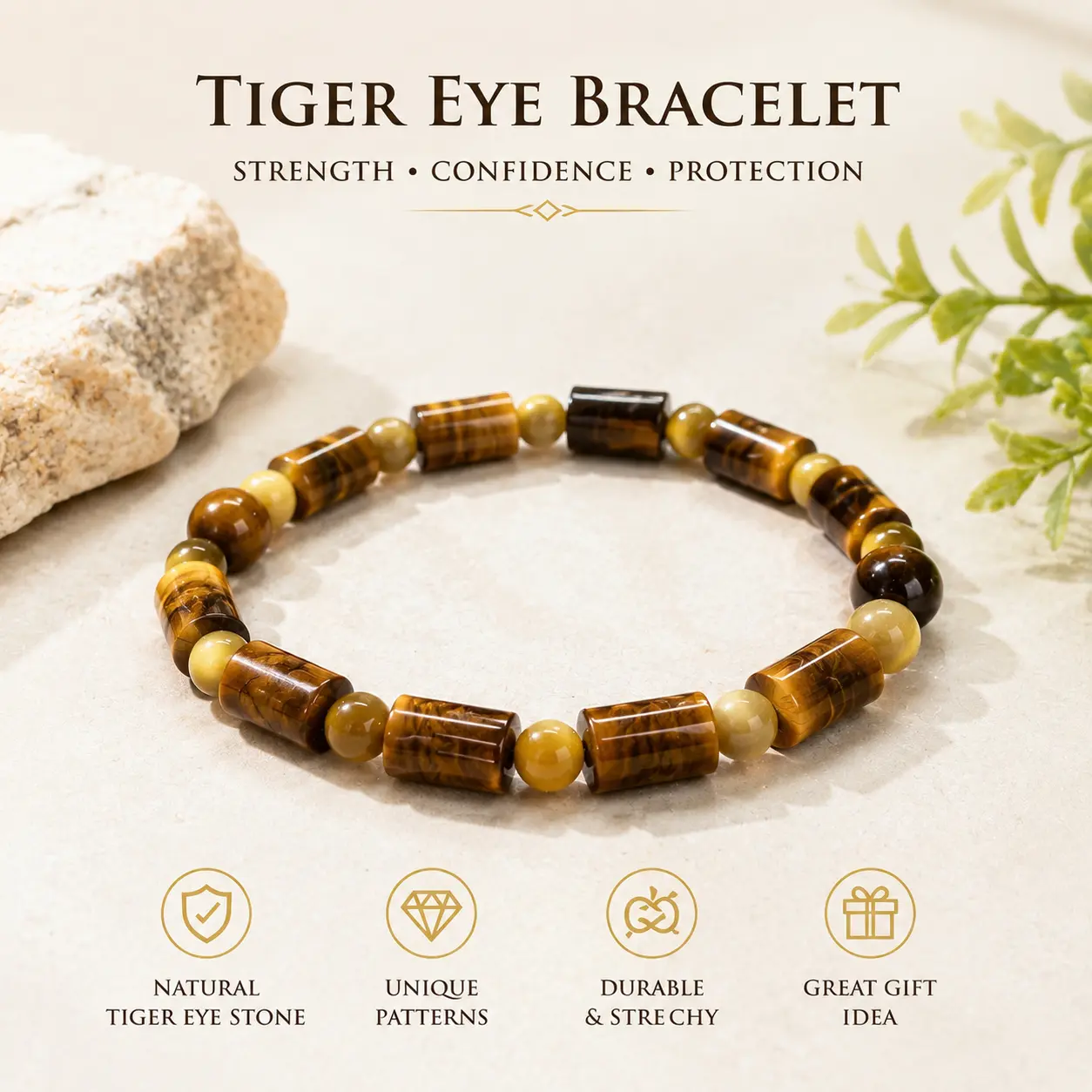 [Free 14K Gold Pendant] Unisex Dual-Tone Natural Yellow & Golden Tiger's Eye Stretch Bead Bracelet - September Birthstone, Wealth Attraction, Protection, Healing Crystal, Luck & Positive Energy Boost, Casual/Business Casual Everyday Wear Gift