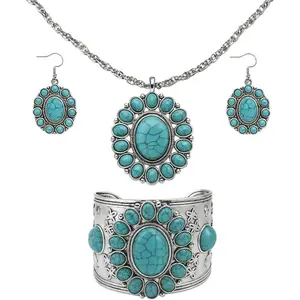 Howlite  Sets for Women - Turquoise Inspired Western Cowgirl Accessories - Beautiful Statement Necklace Earrings & Cuff Bracelet Set Chunky Necklaces Costume  Birthday Gifts for Womens