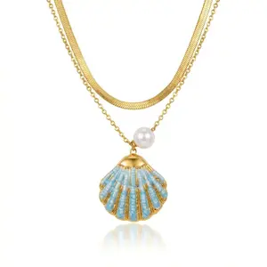 Women s Snake Chain Necklace 18KGold Plated Stainless Steel Mermaid Enamel Starfish Turtle Shell Pearl Charm Boho Coastal Vacation Gift for Her