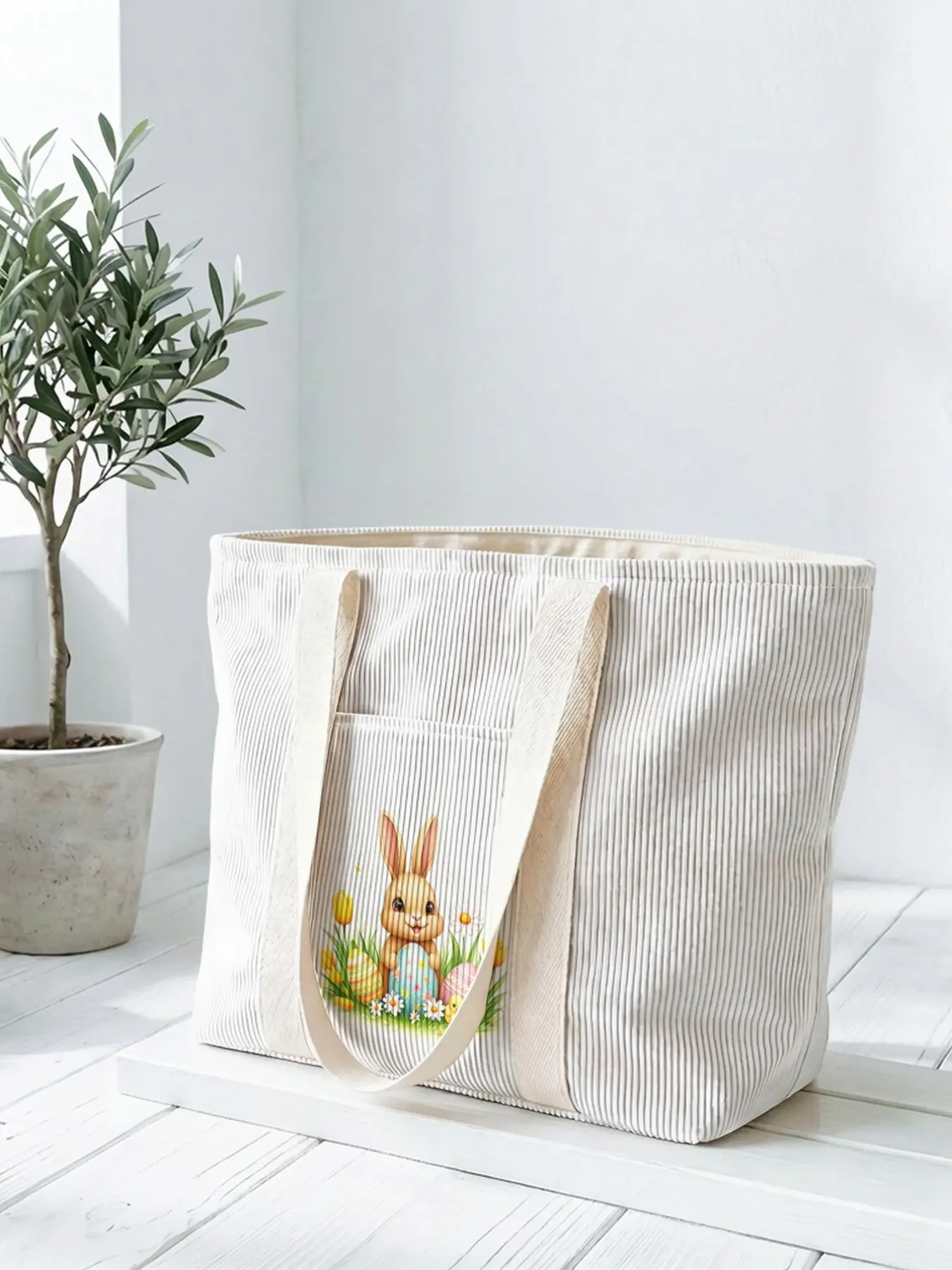 1 piece of Easter bunny pattern 2D printed tote bag, large capacity space|commuting/shopping/working all-purpose|carry the gentleness and faith of Easter in your hands, Easter
