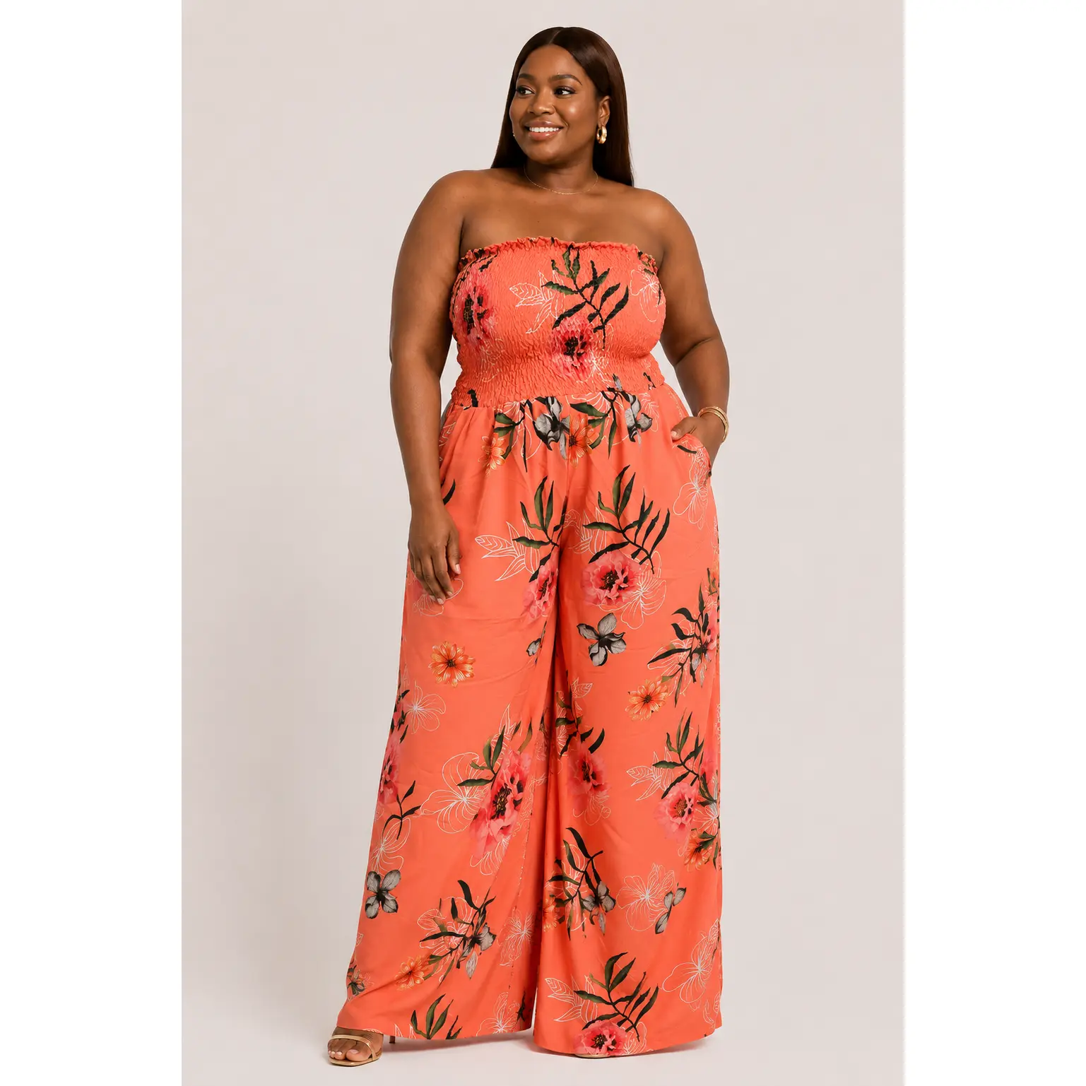 Plus Size Coral Floral Jumpsuit Women Smocked Tube Top Wide Leg Crepe Jumpsuit Strapless Tropical Print Summer Wedding Guest Vacation Jumpsuit