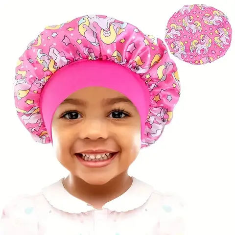 Cute Unicorn Cartoon Print Satin Sleep Cap, Soft Elastic Hair Protection, Baby Headband, Gift for Girls, Holidays