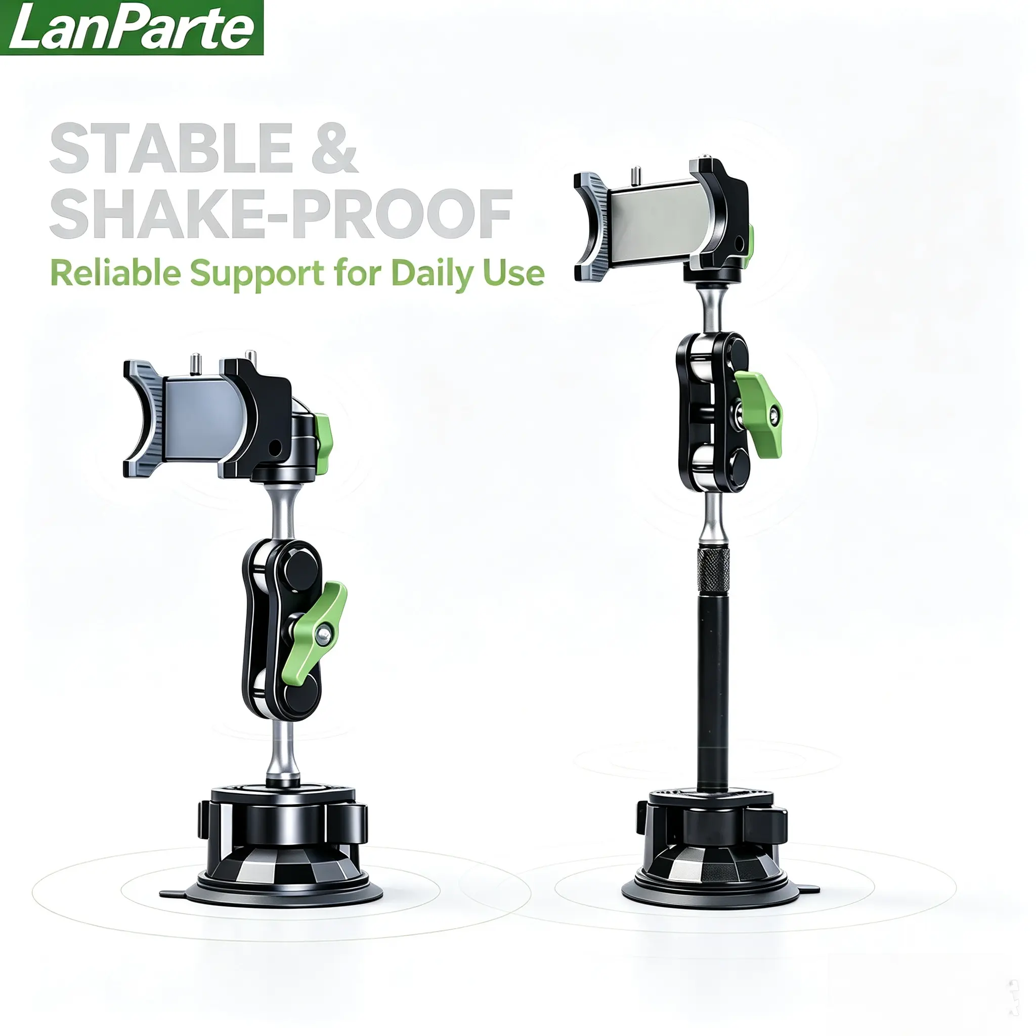 LanParte Heavy-Duty Car Phone Mount, Cars Accessories with 360° Rotatable Aluminum Alloy Foldable Arm, Heatproof Base, Residue-Free Hold, Reusable Dashboard/Windshield Suction Pad for iPhone/Android, Truck Road Trips, Phone Suction Pad, Live Streaming, Re