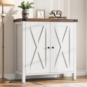 【GARVEE】Kitchen Credenza, Sideboard with 2 Doors, Living Room Credenza with Adjustable Shelves, Country House Style for Kitchen, Dining Room, 76 x 40 x 80 cm (White and Brown)