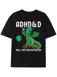 ADHD&D Roll For Concentration Men's Cotton T-Shirt with Cute Dragon Print for Comfortable Wear