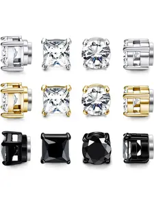 6 Pairs Magnetic Stud Earrings for Men Women, Stainless Steel Cz Cubic Zirconia Unisex Magnet Earrings, Hypoallergenic Non-Piercing Clip On, Silver Color