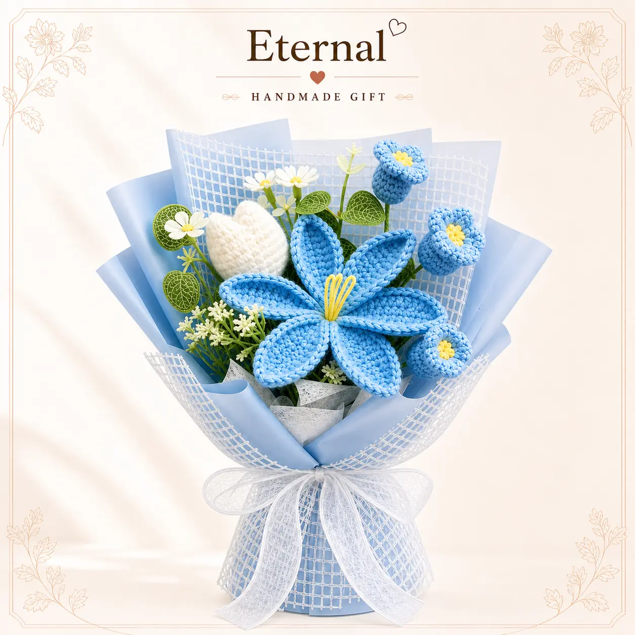 Handmade Blue Crochet Flower Bouquet, Tulip Lily Bouquet Gift for Her, Knitted Forever Flower Arrangement, Birthday Anniversary Valentine's Day Mother's Day Gift