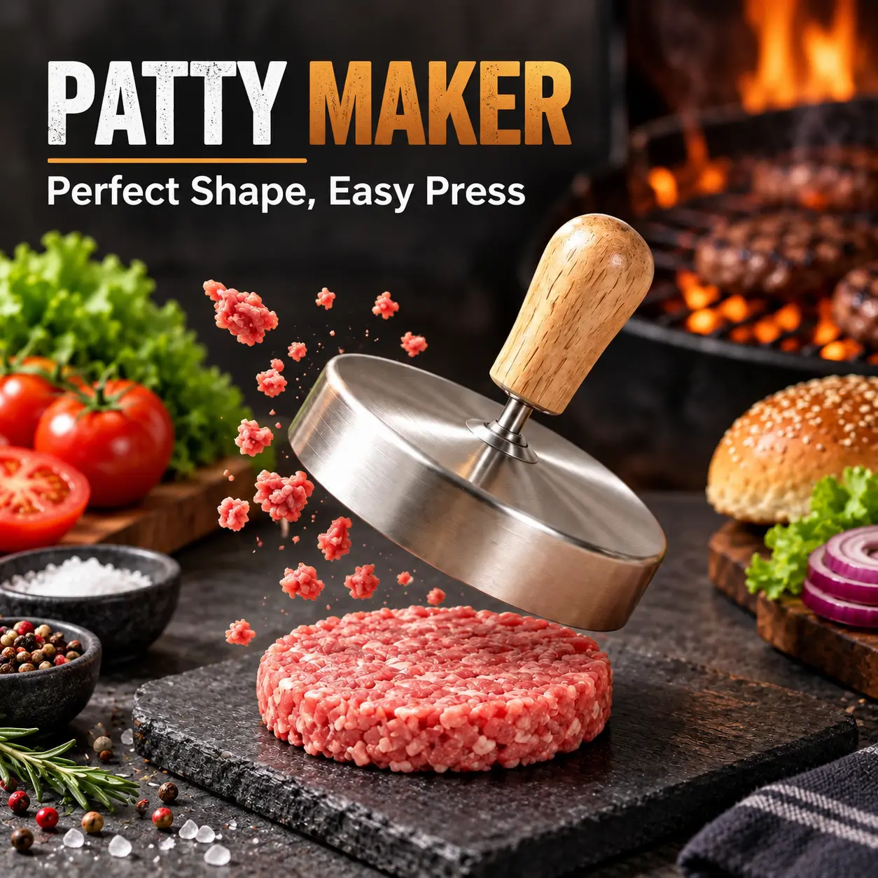 Stainless Steel Burger Press with Wooden Handle, Hamburger Patty Maker Mold for Ground Beef, Sausage & Homemade Burgers, Reusable BBQ Grilling Tool for Home Kitchen