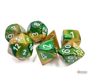 Gemini (Gold-Green/White) Chessex Brand D&D/RPG Polyhedral Dice Set - 7 Dice with Clear Storage Case
