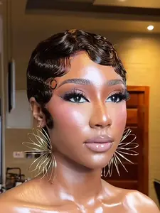 150% density pixie short finger wave natural black color machine made human hair wigs for women Wavy Wigs Pixie Cut Wig