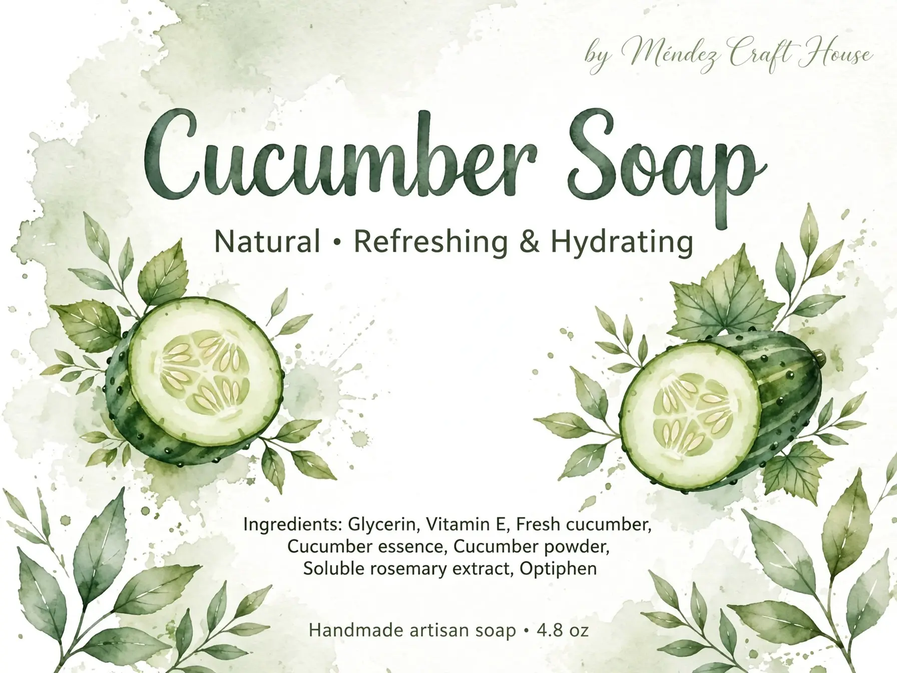 Cucumber & Lemon Gentle Scent Artisan Soap 4oz - Coconut, Shea, Olive Infused Refreshing Hydrating Daily Body Cleanser for Oily Skin Adults (Spring), Gluten Free Bath & Shower Care