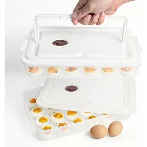 Deviled Egg Containers with Lid, (Set of 2), Plastic Deviled Egg Carrier with Handle for 48 Eggs, Clear Storage Devil Egg Platter, Fridge Portable Egg Tray,  for Picnic and Party (White)