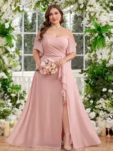Elegant Backless Ruched Waist Chiffon Dress, High Slit Bridesmaid Gown, Sleeveless Pure Color Formal Party Dress, Women's Fashion