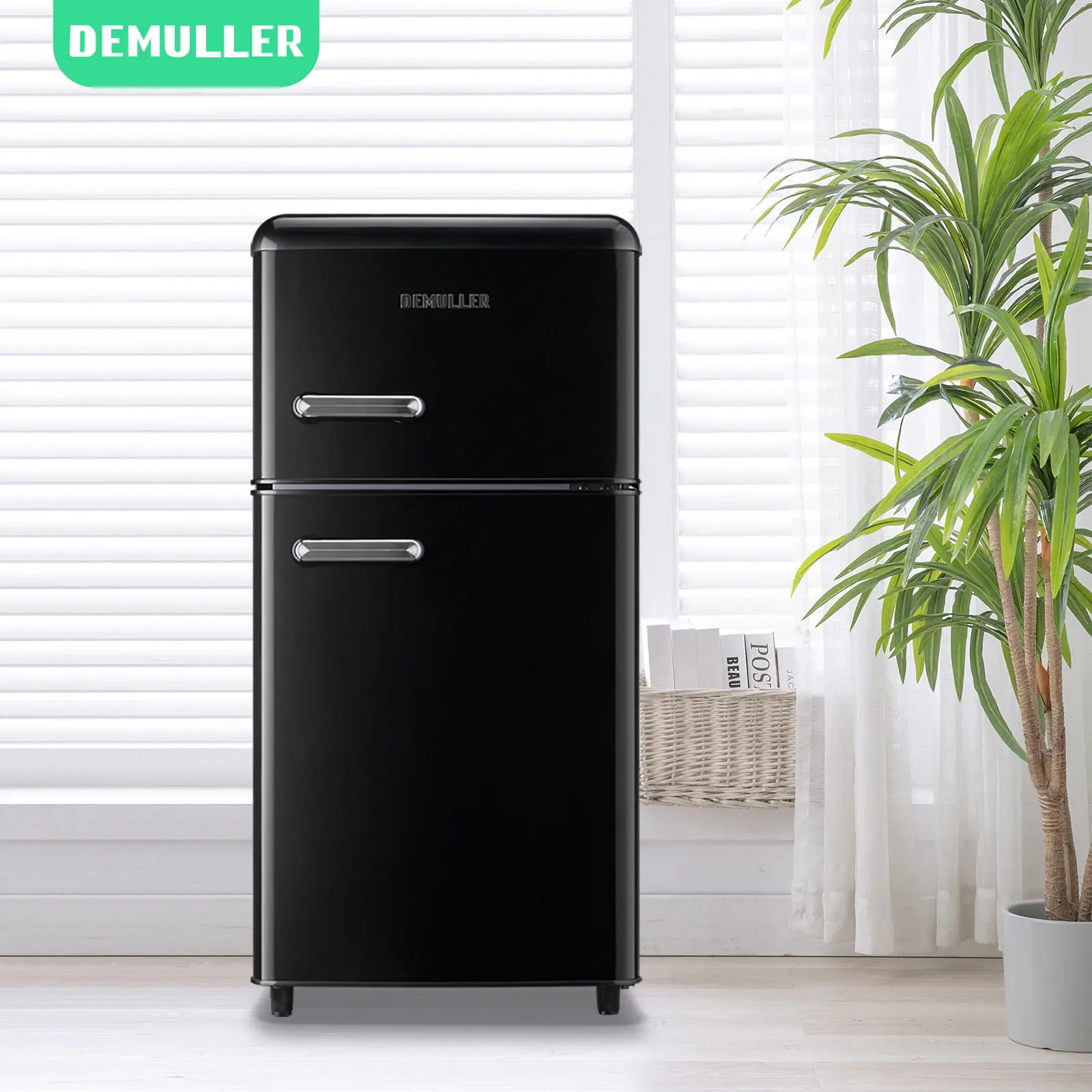 DEMULLER 3.5 Cu.ft Vintage Mini Fridge with Freezer, Dual Doors & Handles, Compact Design Refrigerator, 7 Thermostat Control, Freestanding, LED Light, Vintage Fridge
