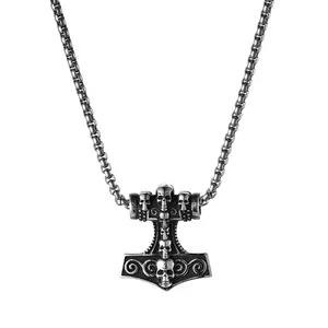 OIDEA Skull Thor Hammer Pendant Necklace for Men, Stainless Steel 22-Inch Wheat Chain, Vintage Gothic Nordic Biker Jewelry