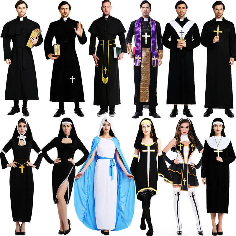 Men's Gothic Priest Costume with Red Cross, Classic Full-Length Cosplay Gear in a Breathable Blend for Halloween Parties with Rope Belt, Clothes, Rayon