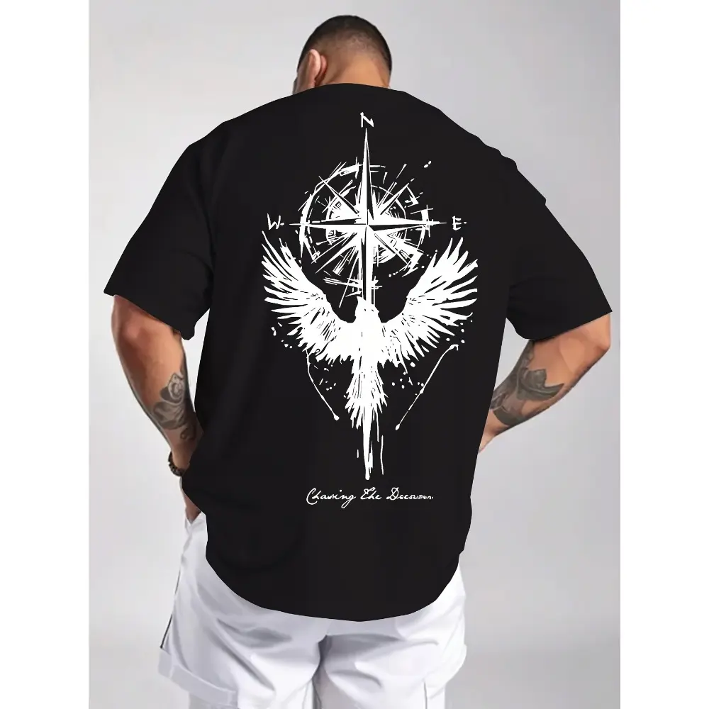 Women's Soft Short-Sleeve Cotton T-Shirt - Cute Round Neck, Vintage Compass Phoenix Print, Stretch Fabric, Hem-Designed Black Casual Streetwear Top, Shortsleeve, Tshirt, Regular Fit, Machine Wash, Set, Lightweight, Multi-Size, Playful Cute, Compass Motif,